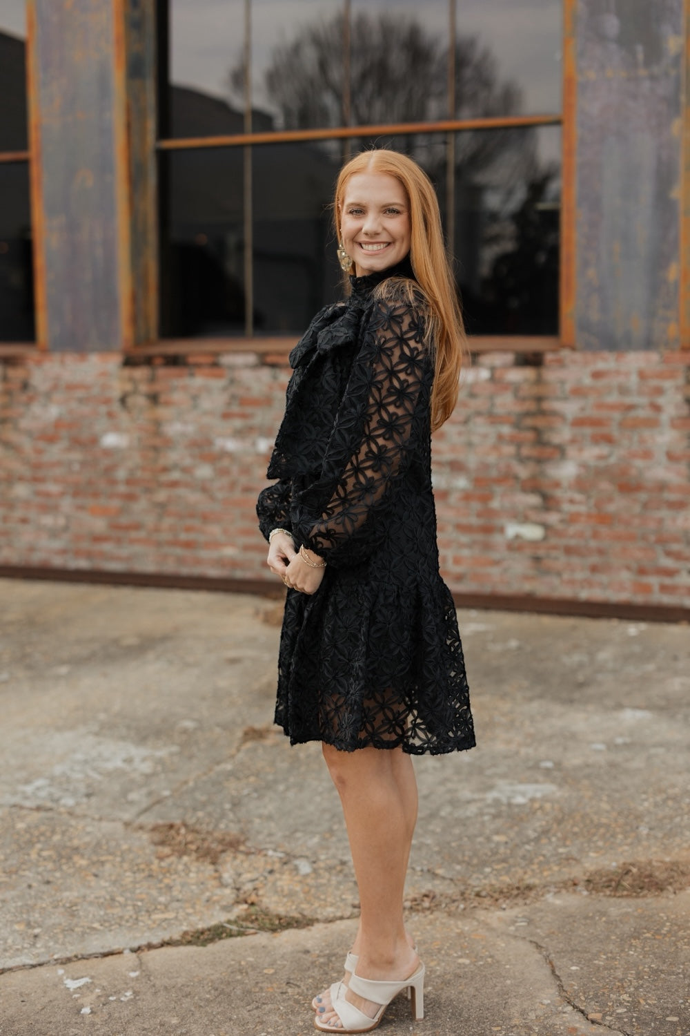 Jasmine Black Organza Long Sleeve Bow Dress