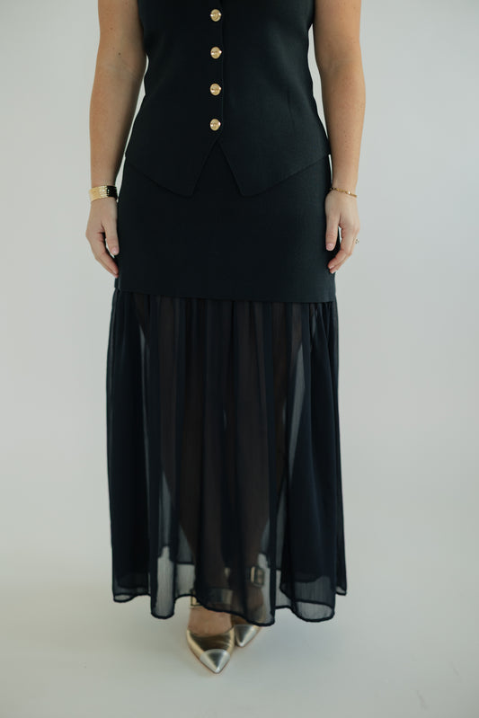 Sasha Navy Knit & Chiffon Midi Skirt