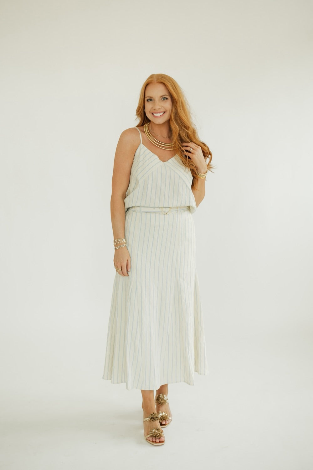 Blue Striped Scallop Hem Cami Top