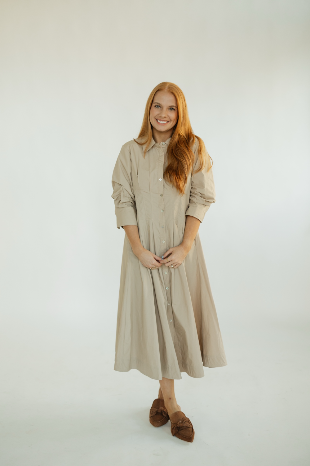 Dallis Oat Tuck Detailed Button Down Midi Dress