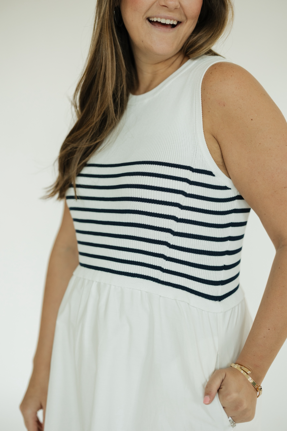 Navy Striped Knit Mixed Media Midi Dress (XS-XL)