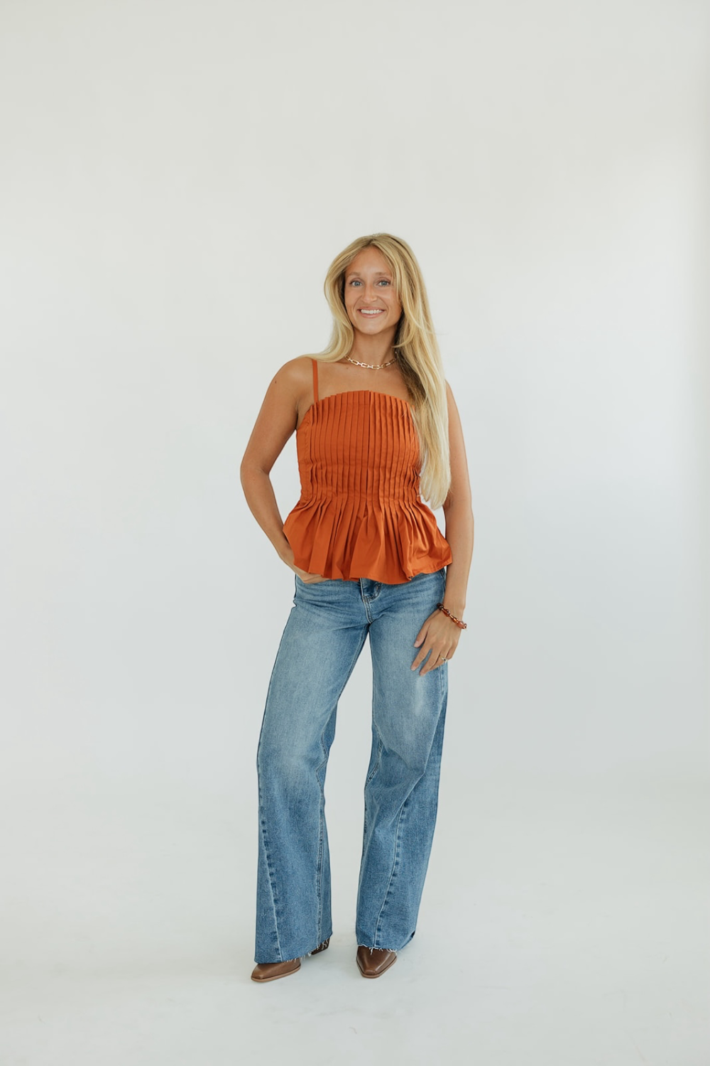Callie Cinnamon Pleated Front Tank