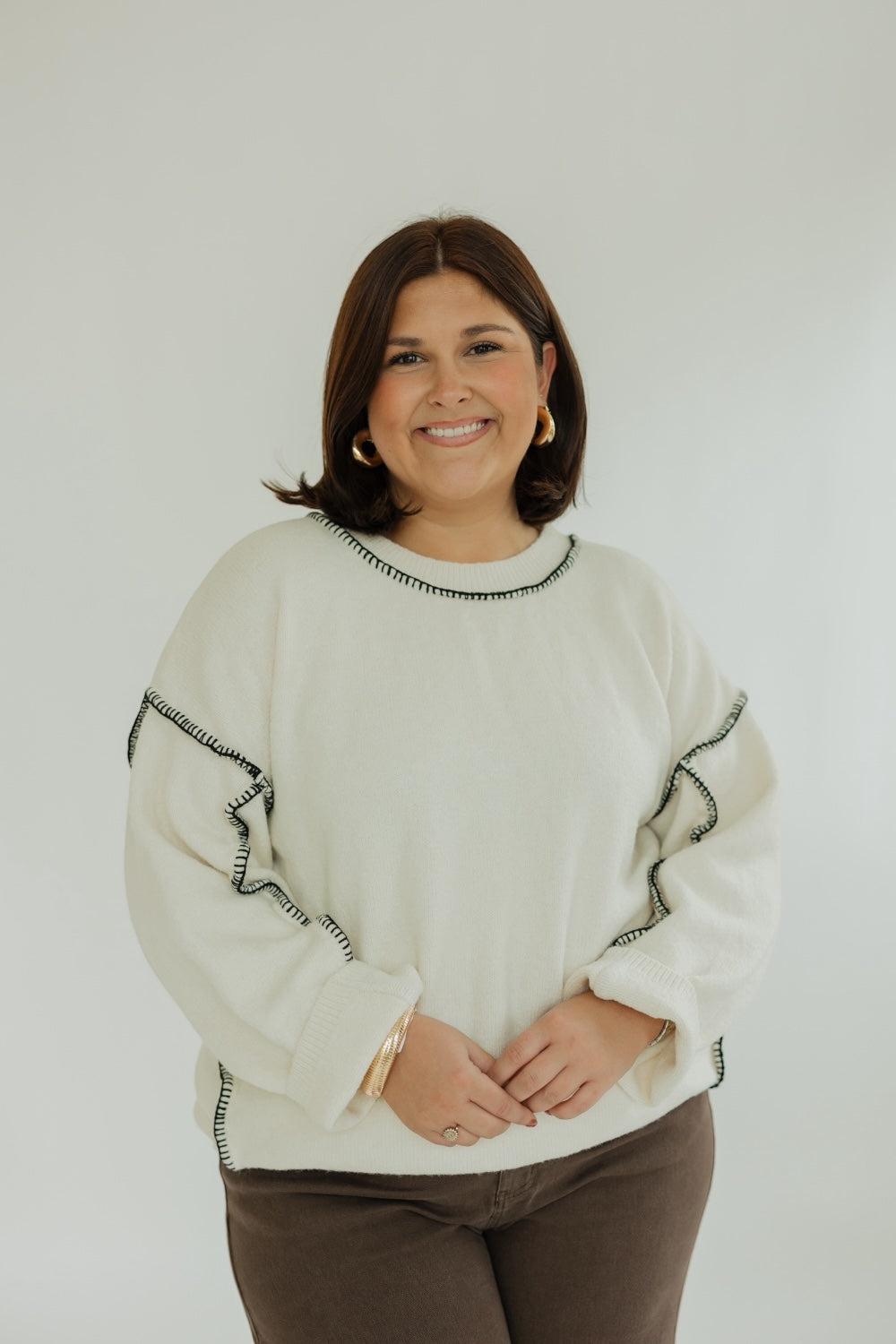 Tiffany Contrast Stitch Cream Sweater (S-3XL)