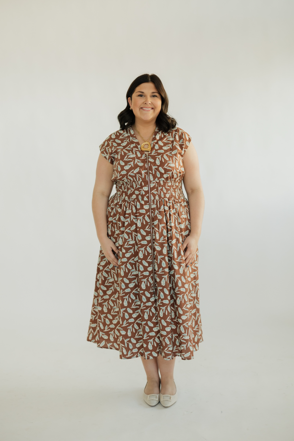Syd Cinnamon Smocked Waist Zip Front Midi Dress (S-2XL)