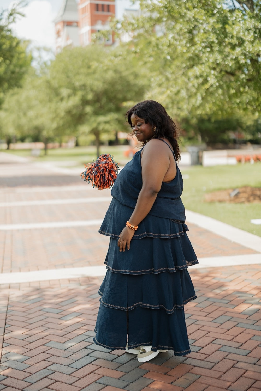 Marlee Navy Contrast Stitch Tiered Maxi Skirt (XS-3XL)
