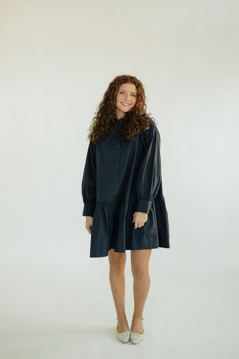 Navy Embroidered Button Down Mini Dress