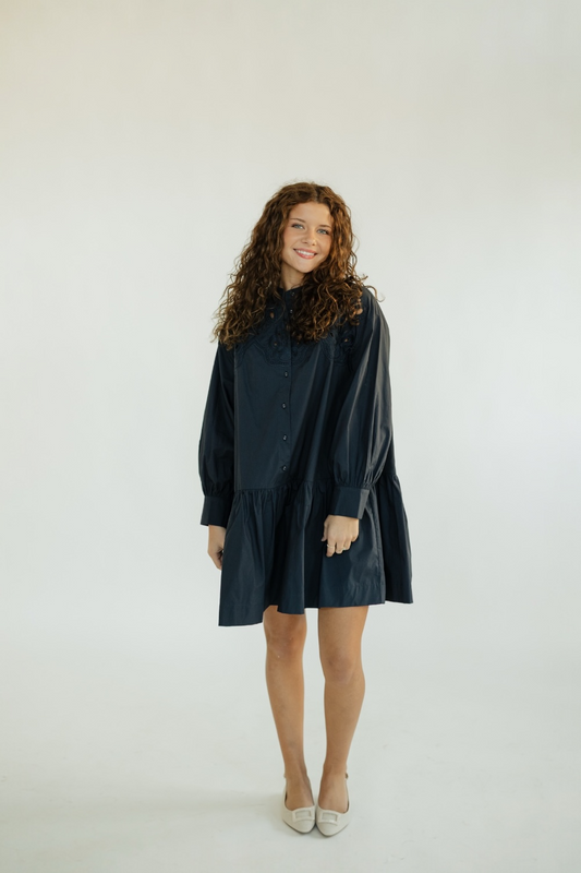 Navy Embroidered Button Down Mini Dress
