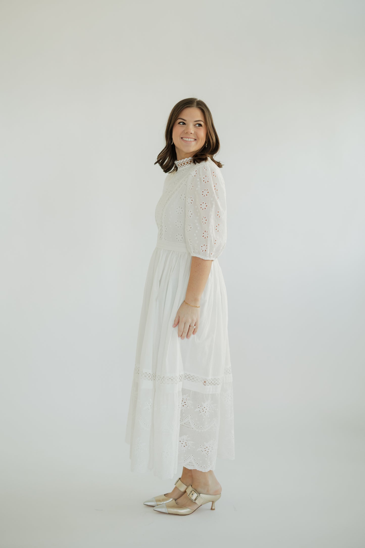 Monica White Mockneck Eyelet Midi Dress