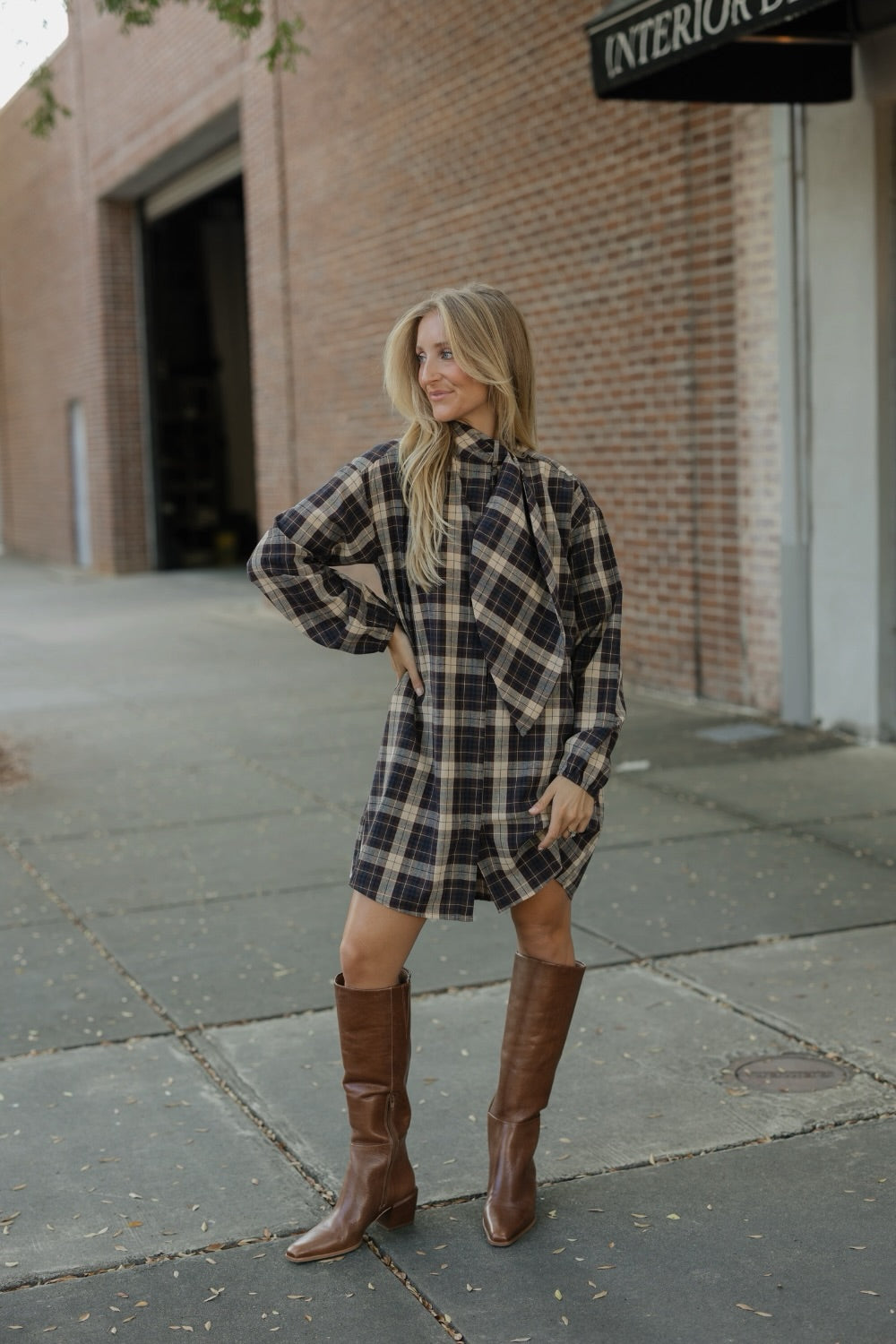 Brown Plaid Button Down Dress