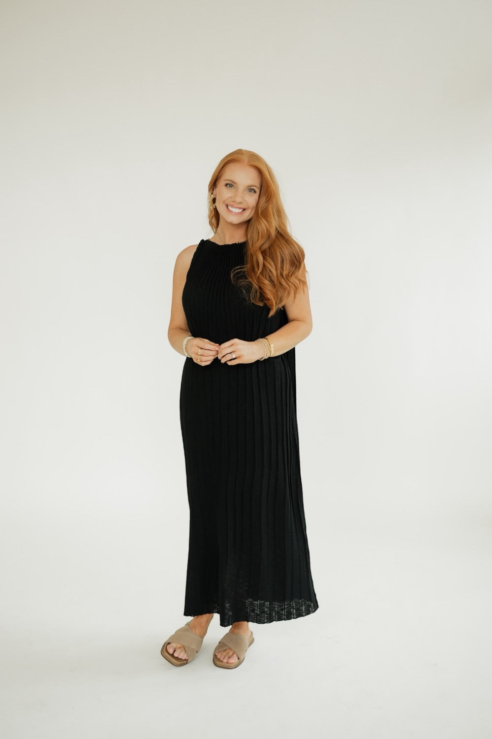 Pauline Black Pleated Front Knit Midi Dress (XS-XL)
