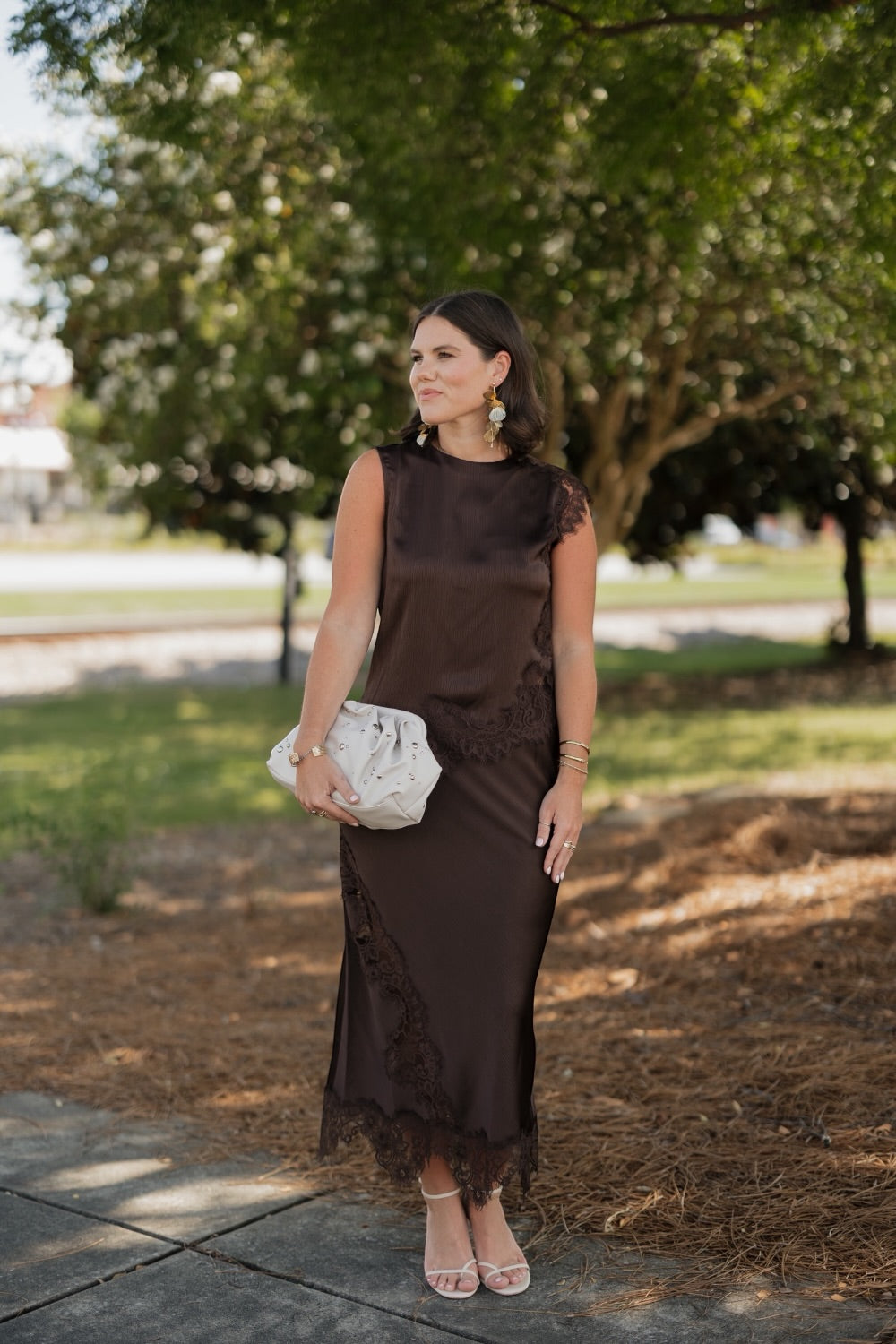 Staci Brown Mixed Lace Satin Midi Skirt (XS-XL)