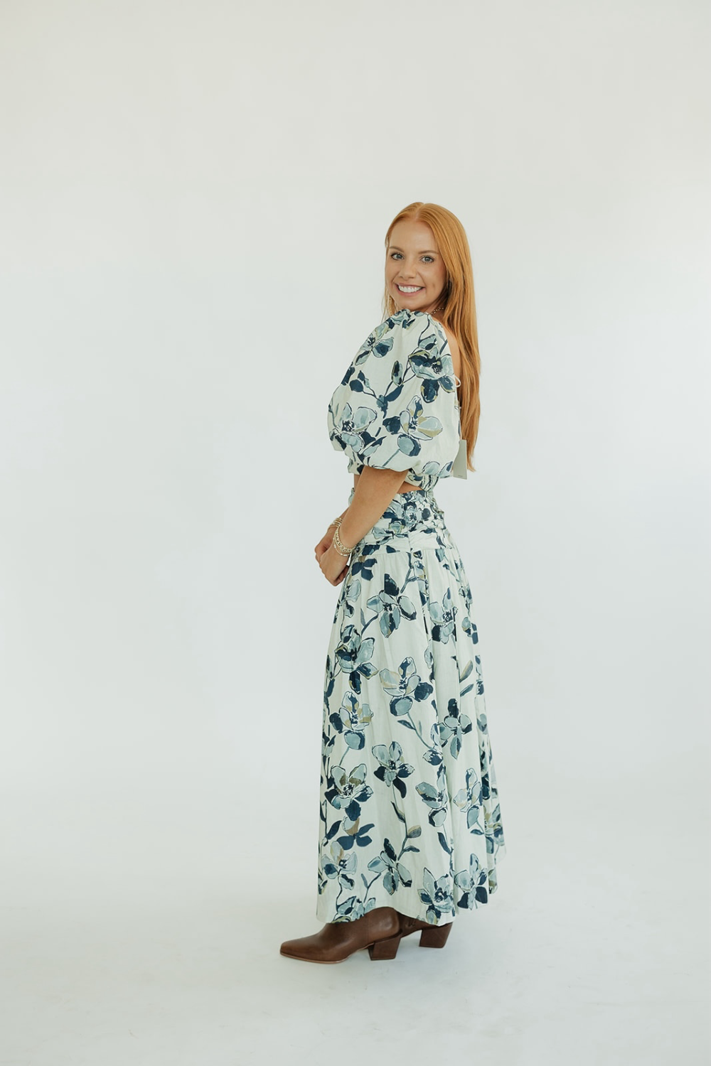 Ivy Navy Printed Shirred Maxi Skirt