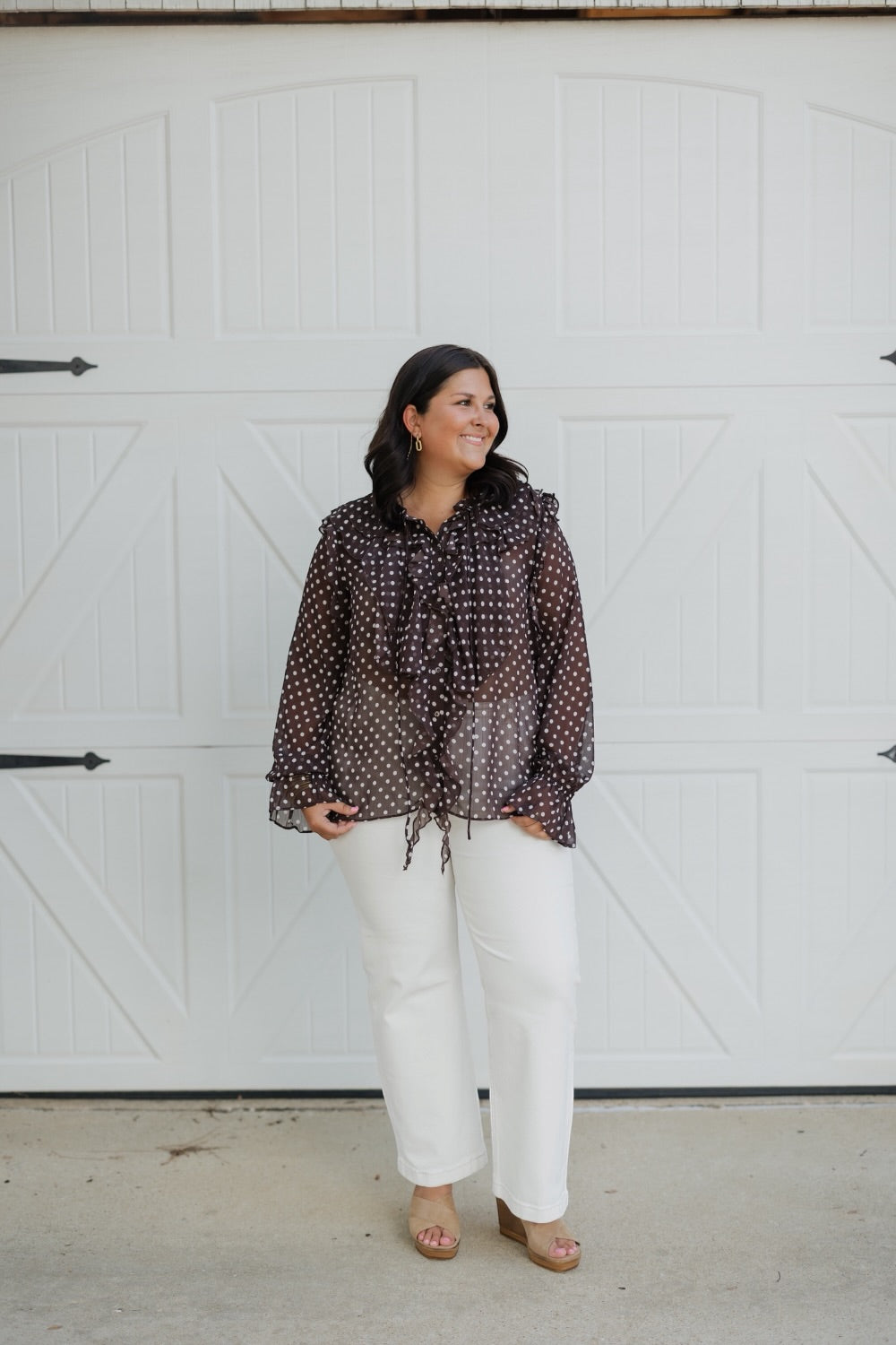 Brown Polka Dot Ruffle Blouse (S-3XL)