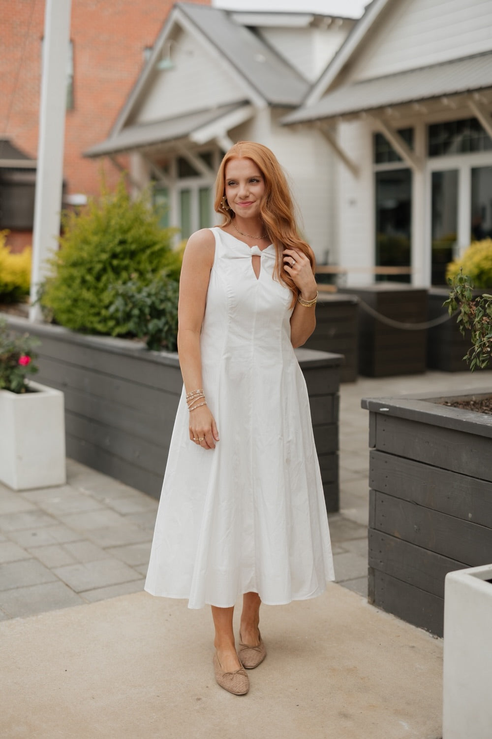 Pauline White Poplin Keyhole Midi Dress