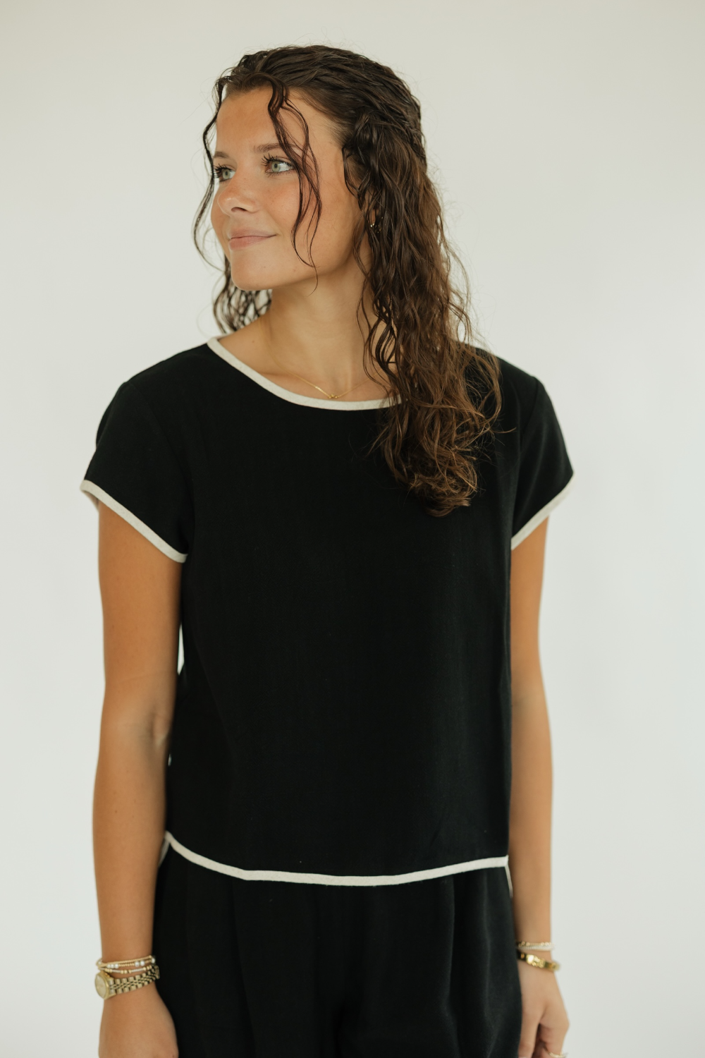 Liza Black Linen Contrast Stitch Short Set