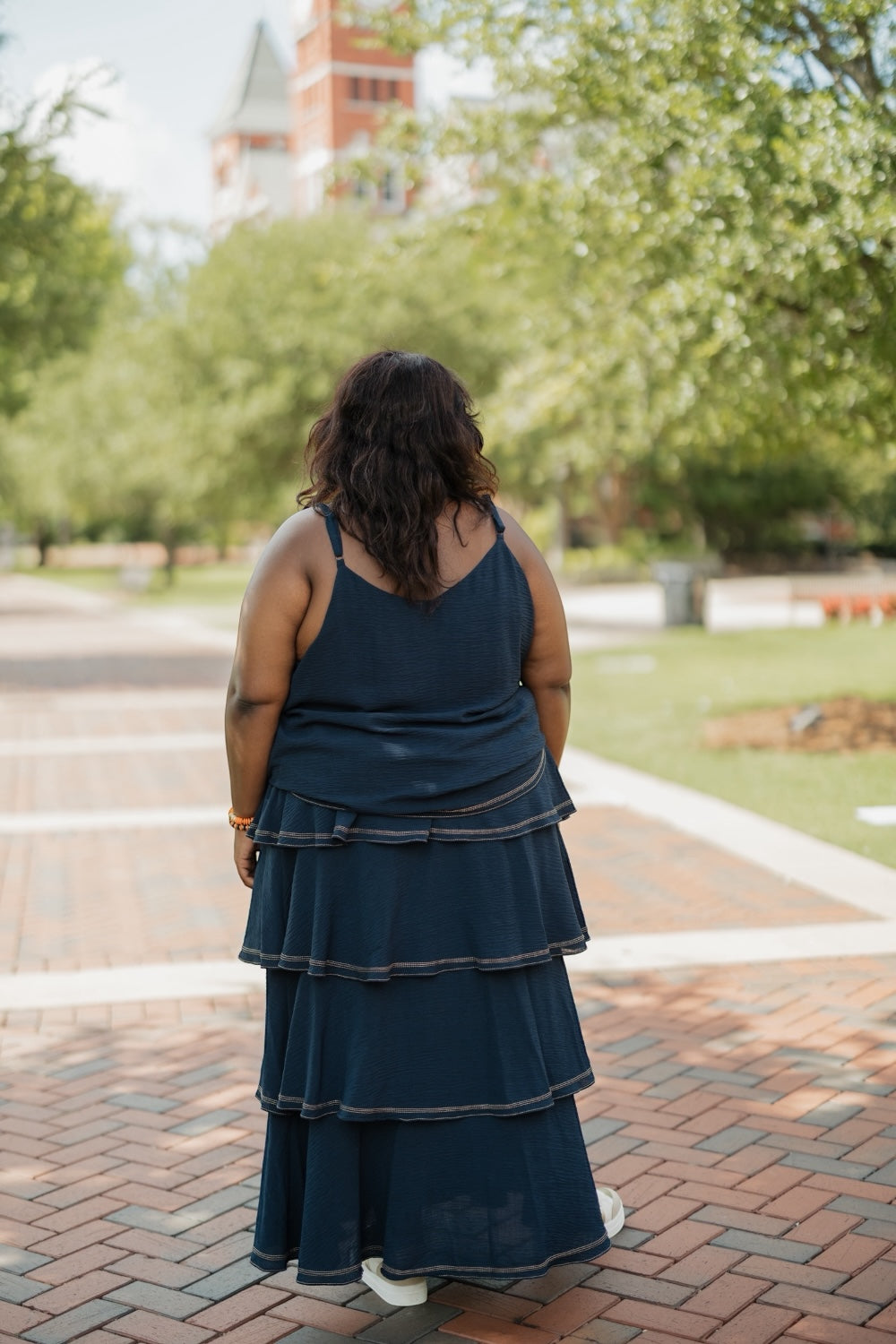 Marlee Navy Contrast Stitch Tiered Maxi Skirt (XS-3XL)