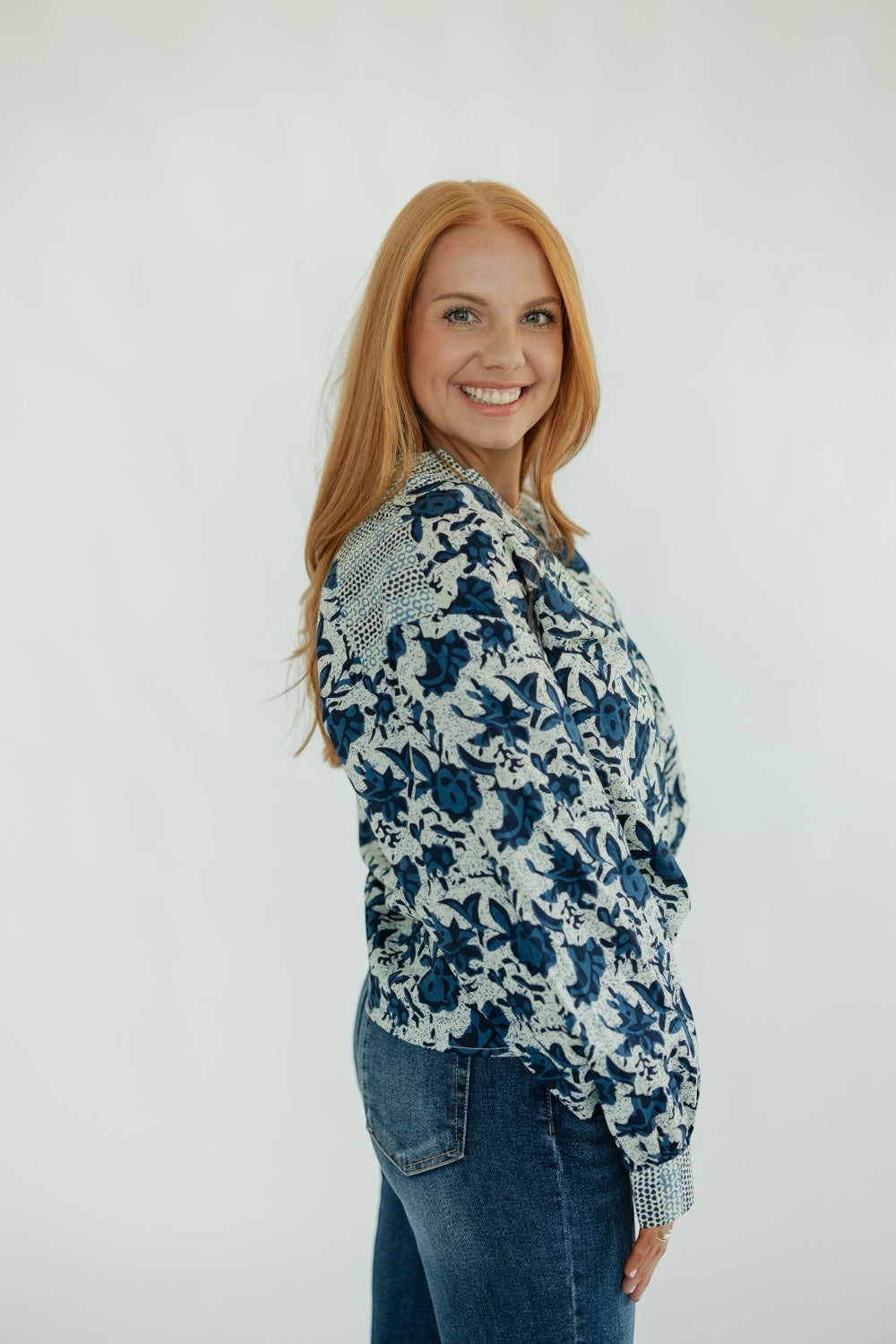 Rory Navy Print Long Sleeve Top