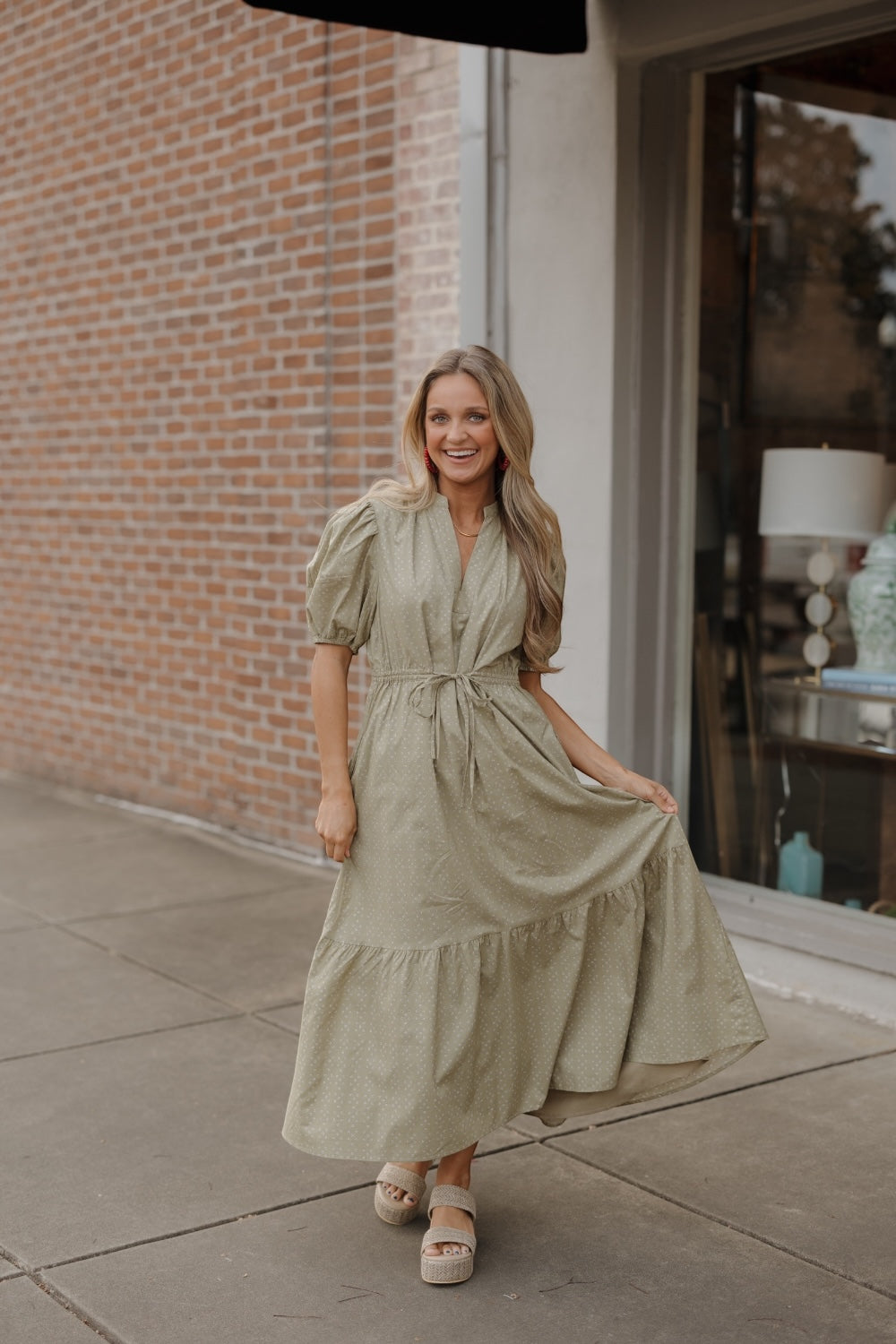 Owen Olive Midi Tie Waist Dress