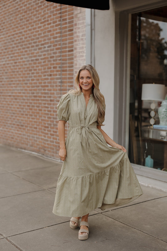Owen Olive Midi Tie Waist Dress