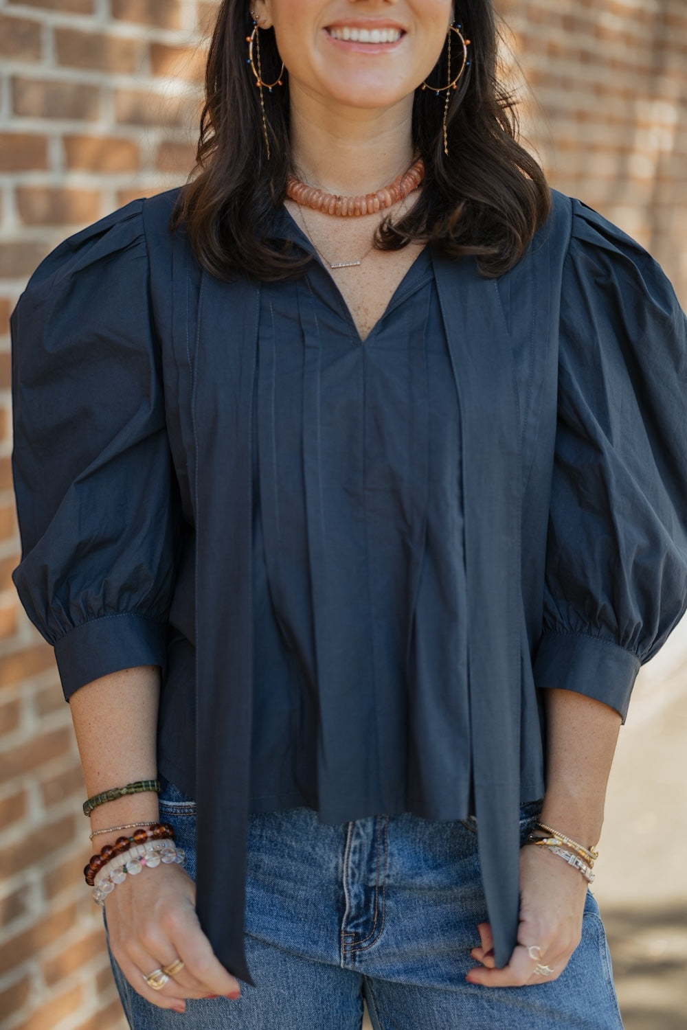 Isabella Navy Tuck Front Blouse