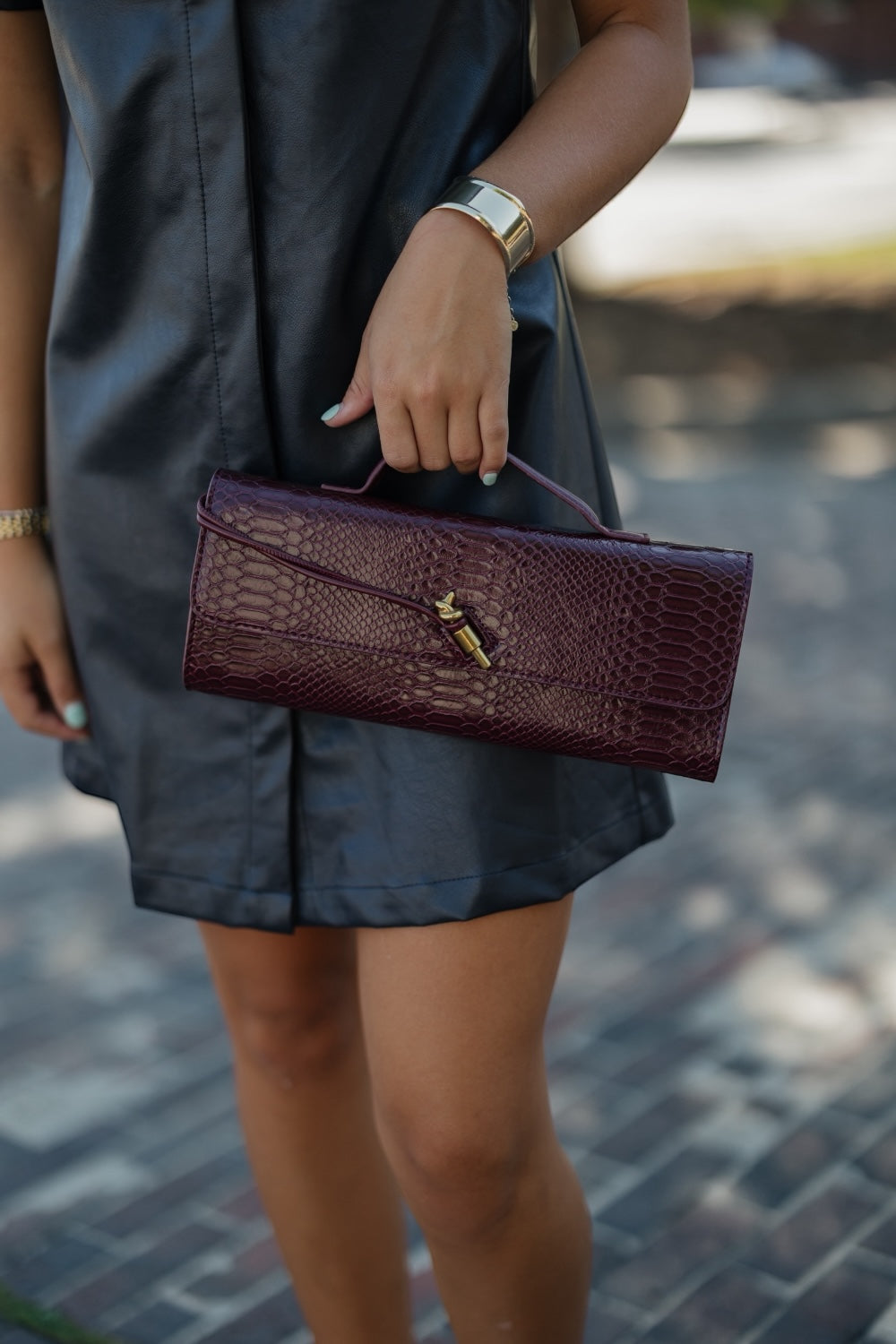 Burgundy Snake Embossed Leather Clutch