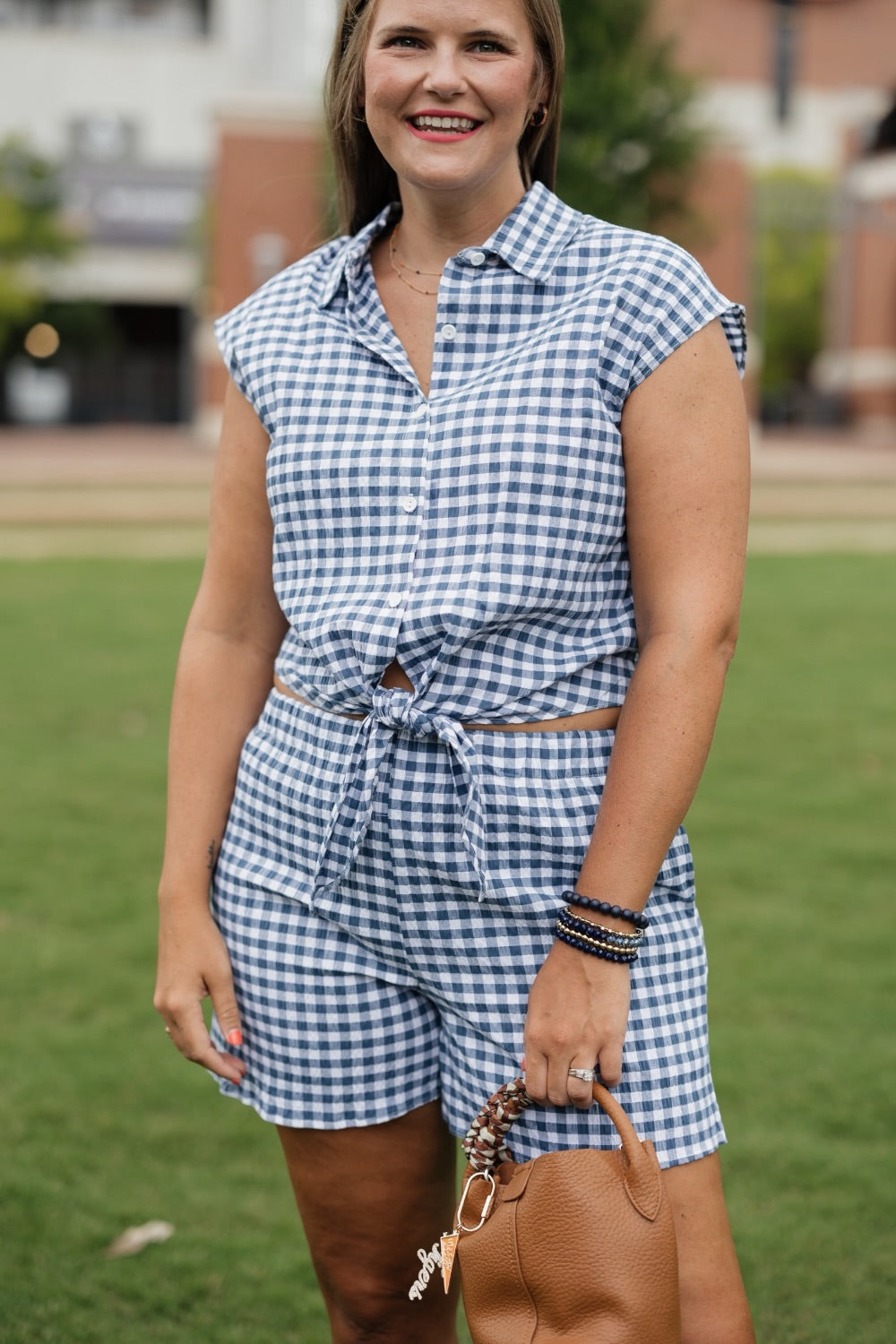 Sabine Navy Gingham Tie Front Top (S-3XL)