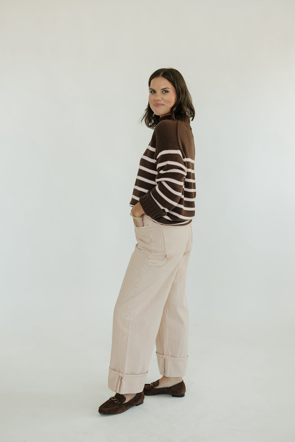 Skylar Brown Striped Mauve Mock Neck Sweater
