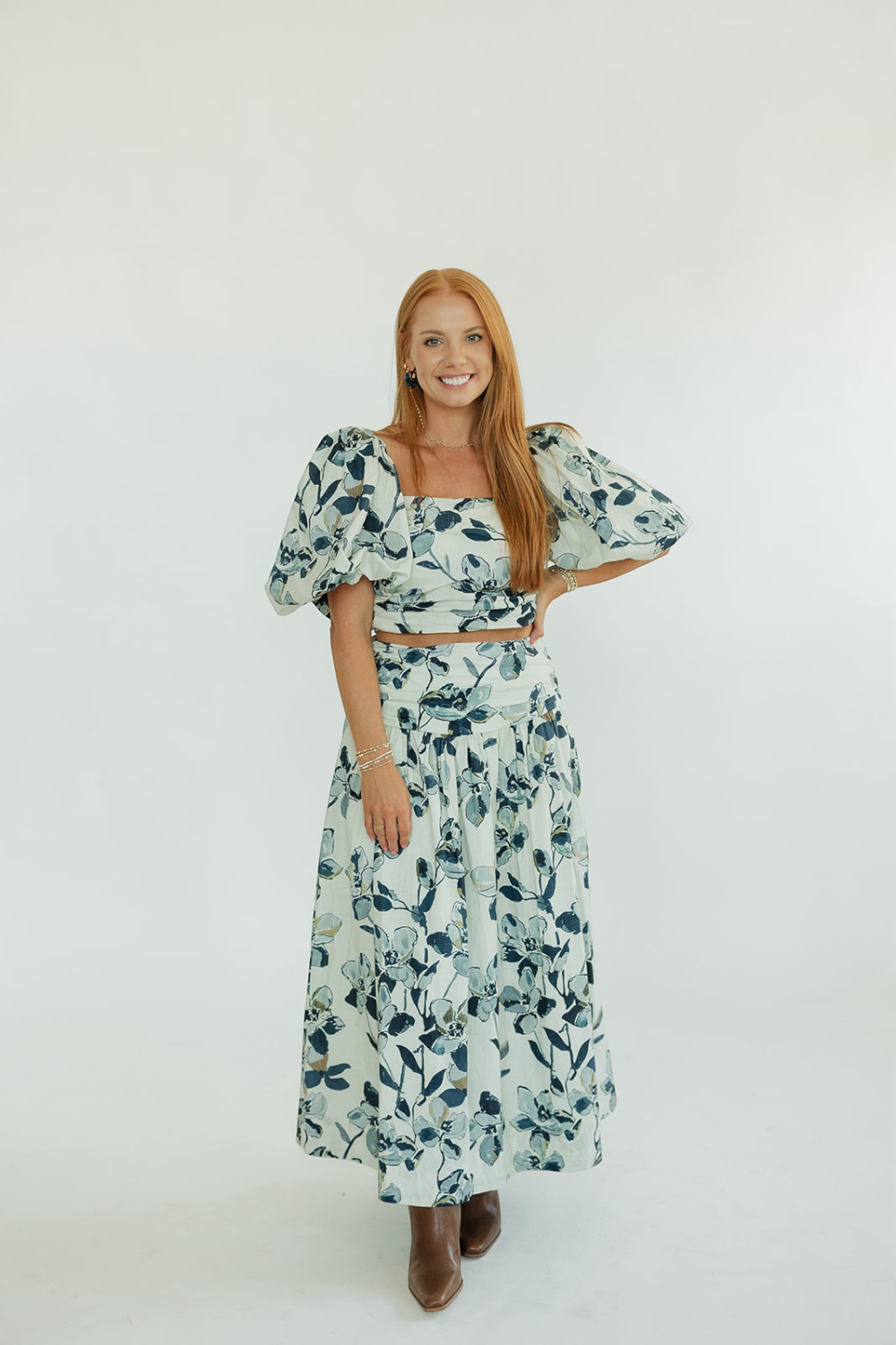 Ivy Navy Printed Shirred Maxi Skirt