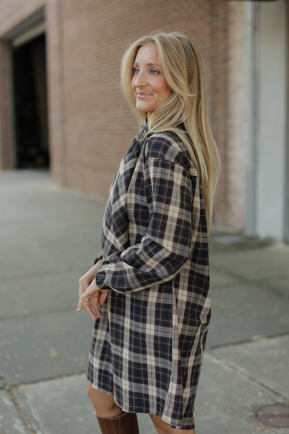 Brown Plaid Button Down Dress
