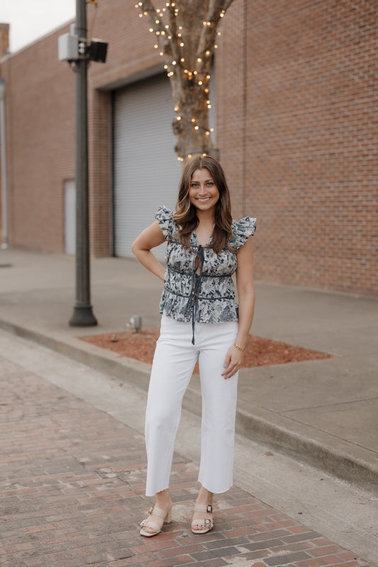 Gina Navy Grosgrain Trim Peplum Top
