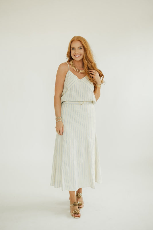 Savvy Blue Striped Belted Midi Skirt