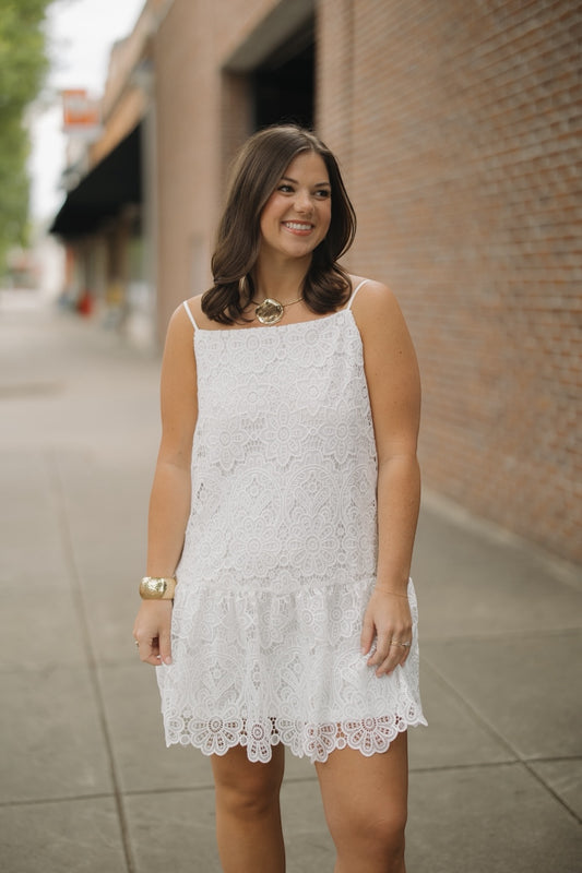White Scalloped Lace Mini Dress