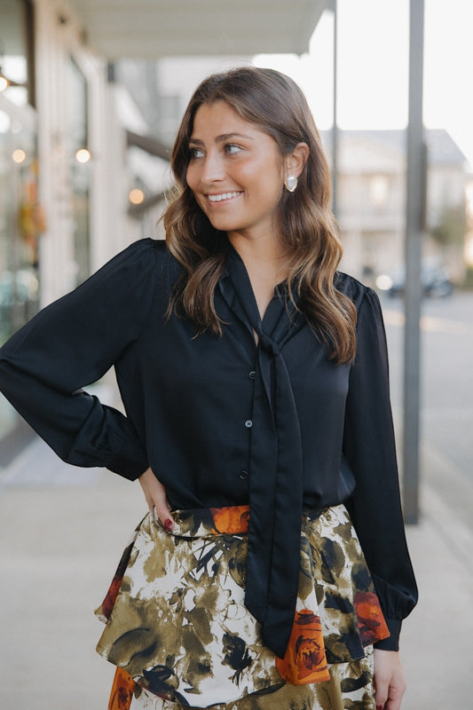 Gracie Black Tie Neck Long Sleeve Top