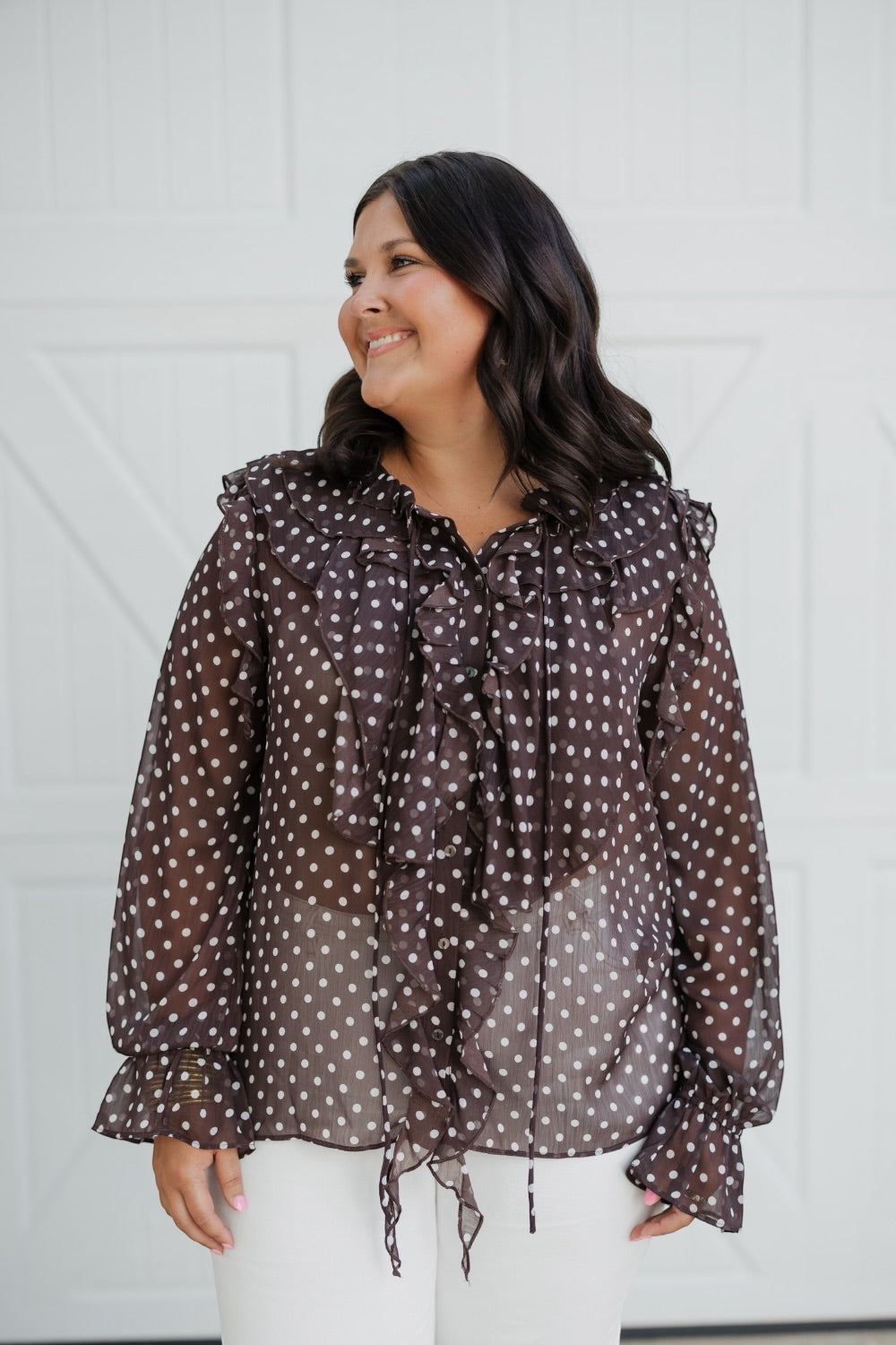 Brown Polka Dot Ruffle Blouse (S-3XL)