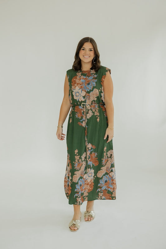 Amelia Olive Floral Belted Dress