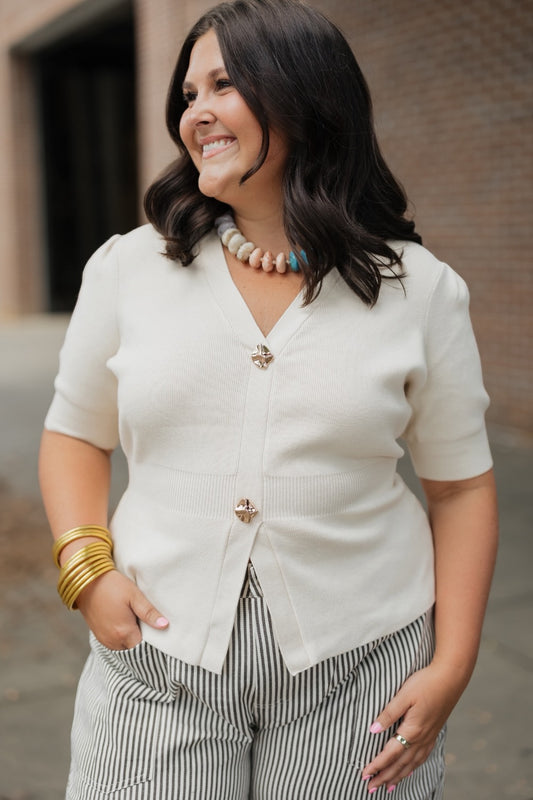 Ivory Ribbed Short Sleeve Sweater (XS-XL)