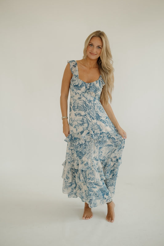 Cassandra Blue Floral Tiered Dress