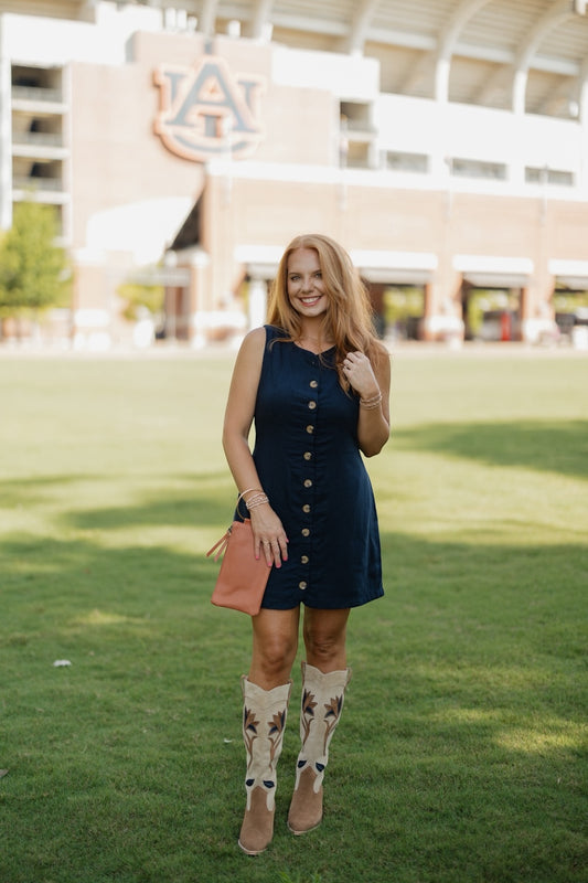 Bellie Navy Button Front Linen Dress