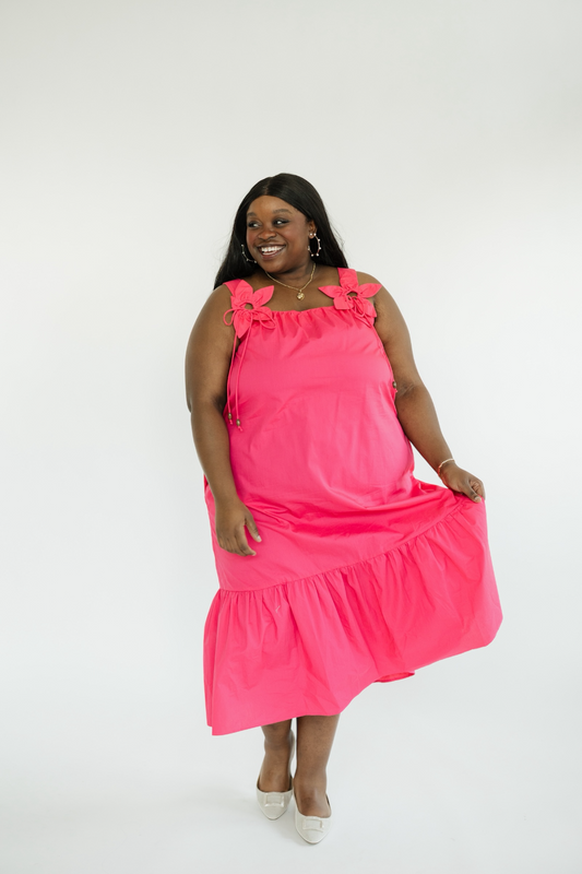Paula Hot Pink Floral Sleeve Midi Dress (S-3XL)