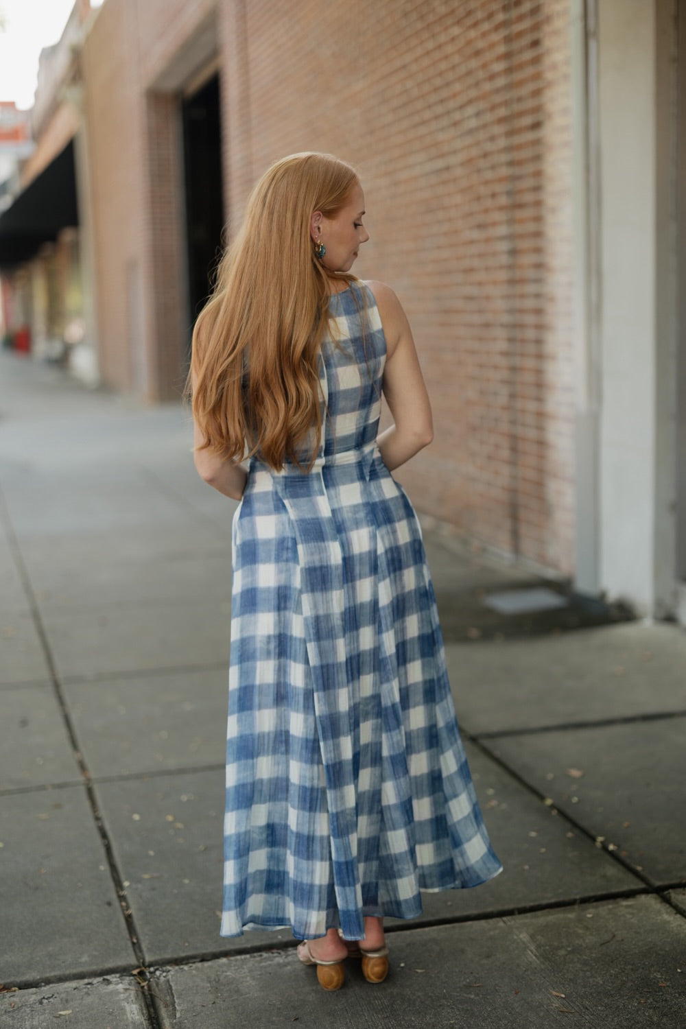 Iggy Blue Gingham Sleeveless A-Line Midi Dress