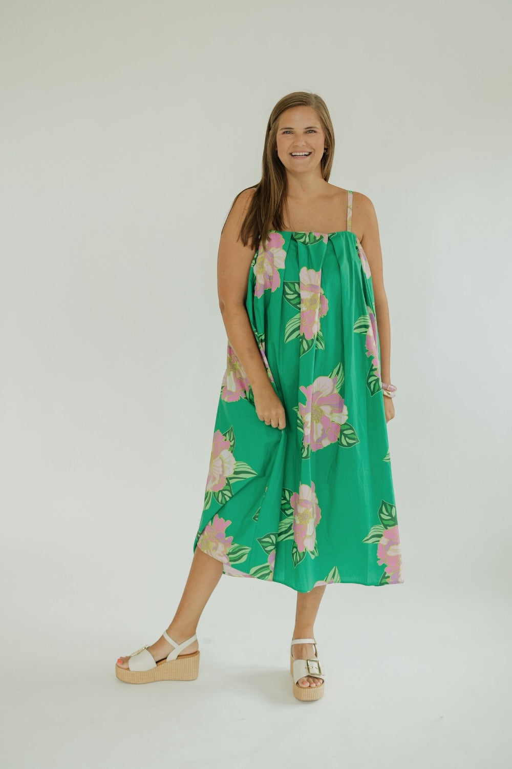Talia Green Floral Thin Strap Midi Dress (XS-XL)
