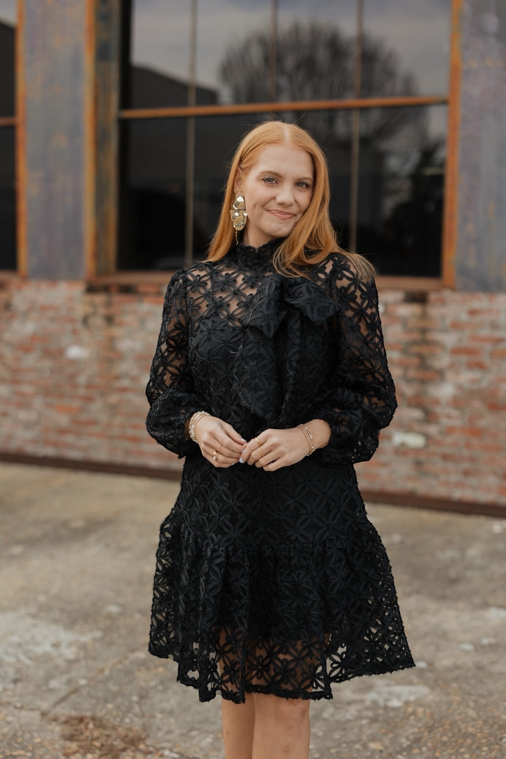 Jasmine Black Organza Long Sleeve Bow Dress