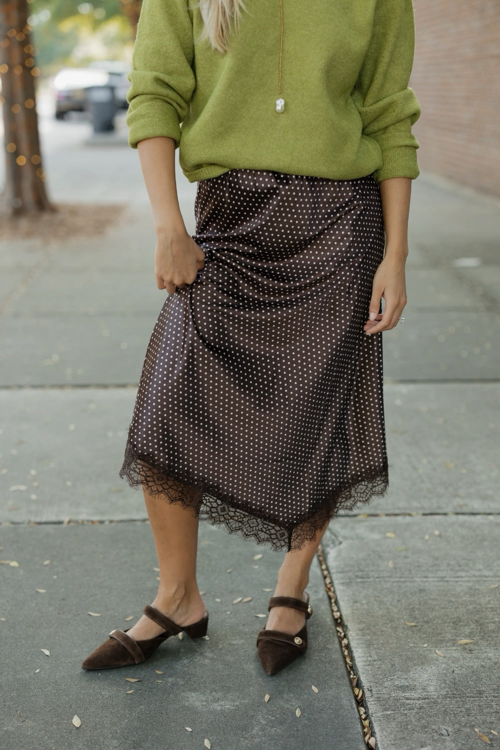 Landrie Brown Polka Dot Satin Skirt