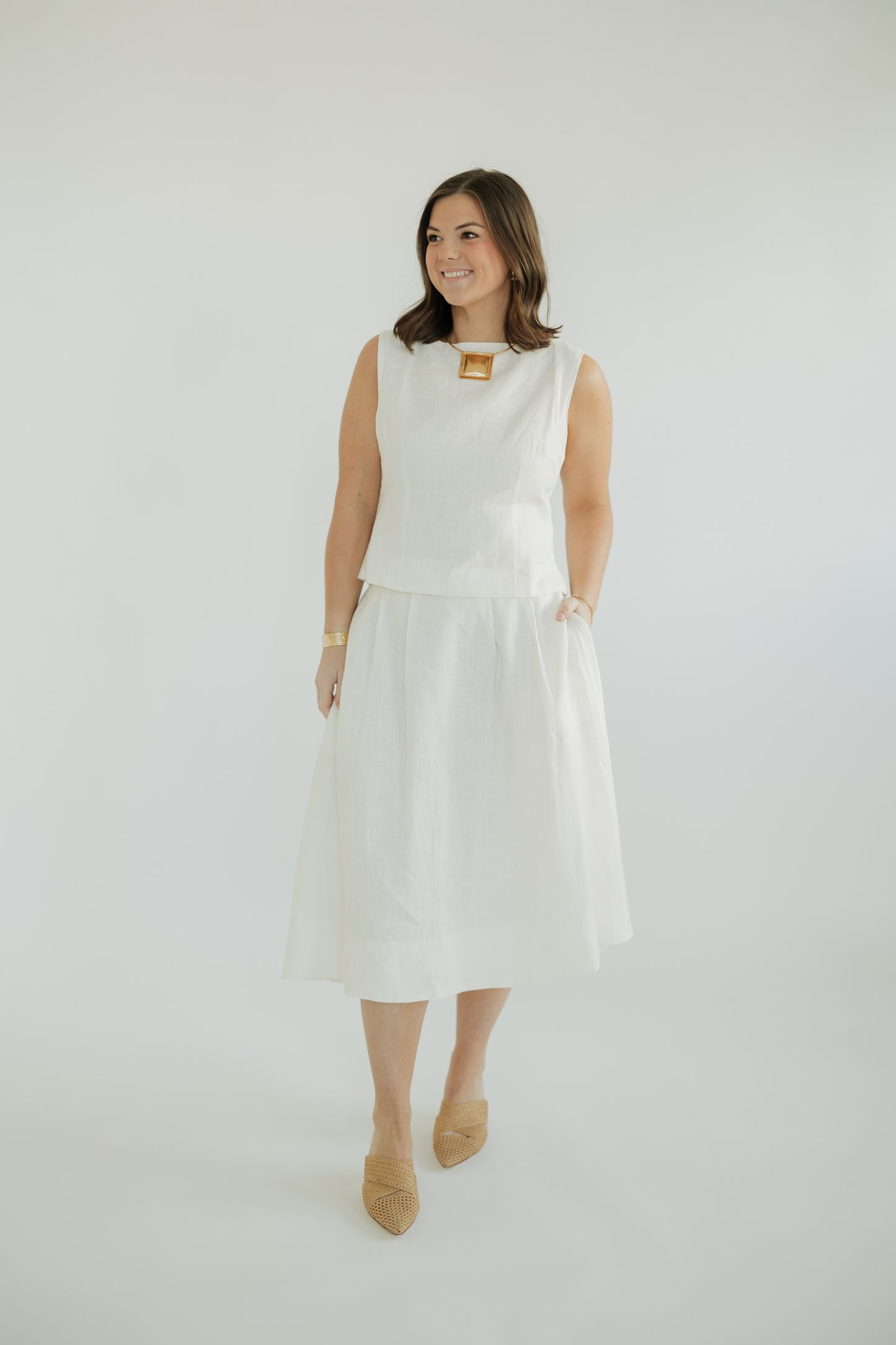 Fiona Off White Linen Pleated Midi Skirt