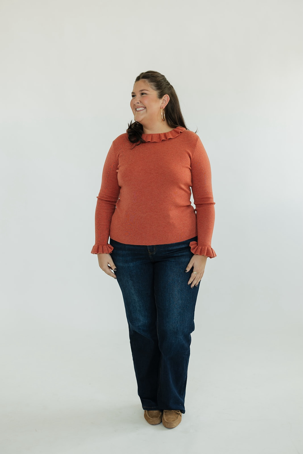 Orange Ruffle Collar & Sleeve Knit Top (S-XL)