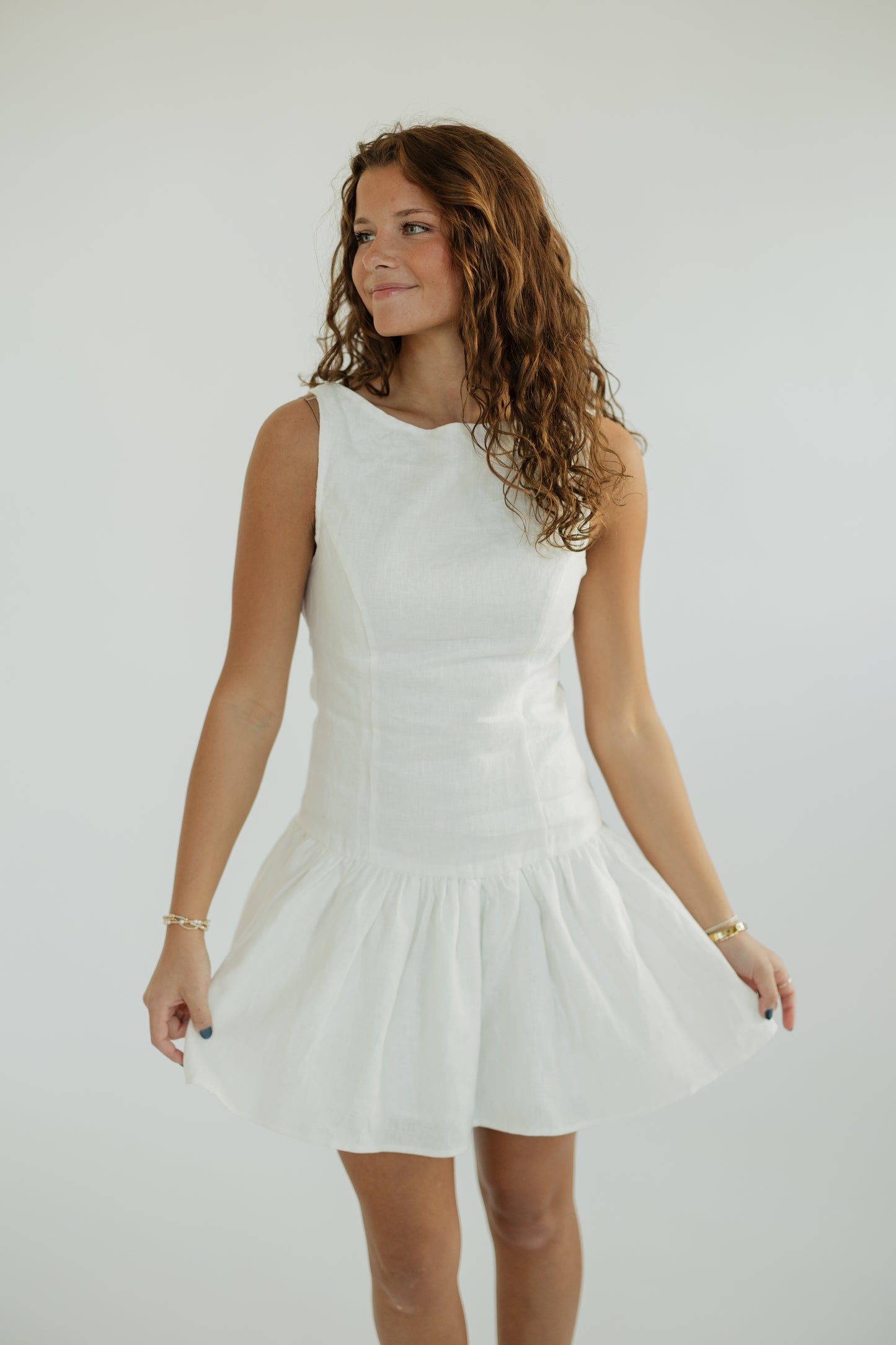 Madelyn Off White Linen Drop Waist Mini Dress