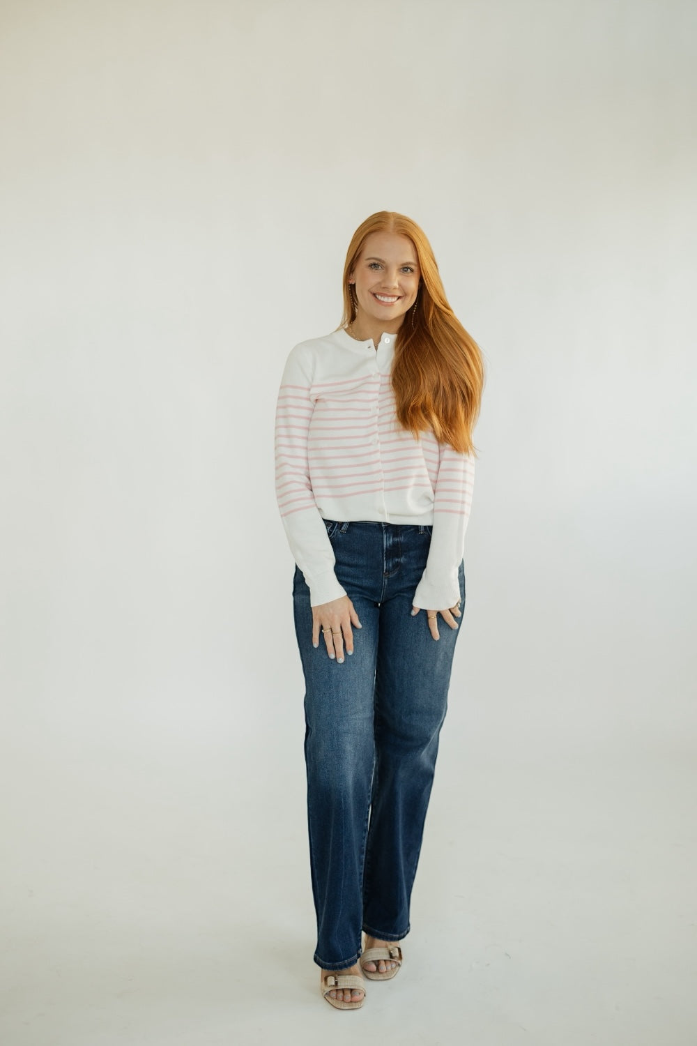 Laura White/Pink Striped Button Down Cardigan (XS-XL)