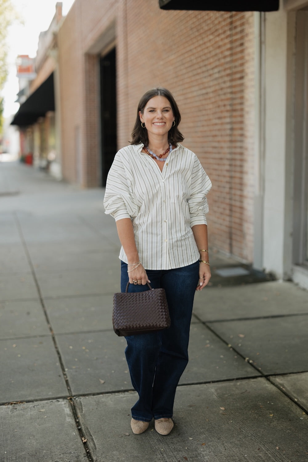 Mellie Khaki Multi Stripe Button Down Tucked Top