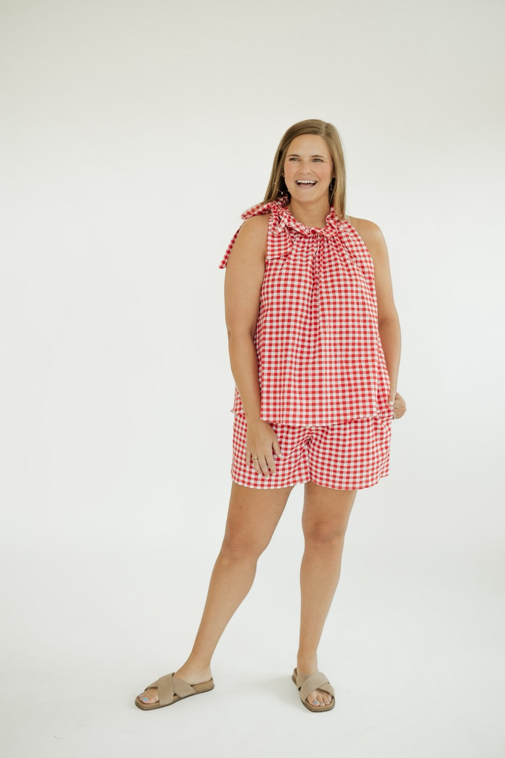Bridget Red Gingham Tie Neck Top (S-3XL)