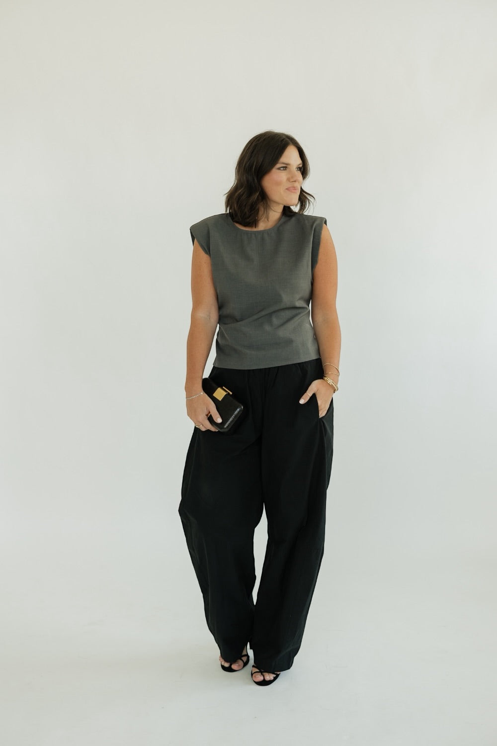 Slate Shoulder Pad Waist Shirring Top